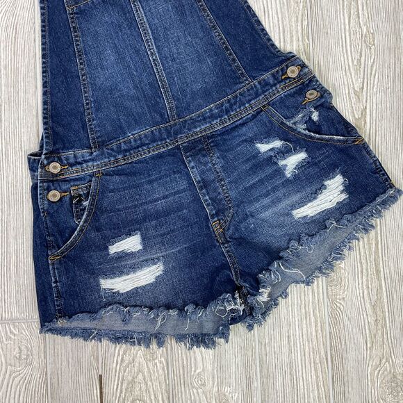KanCan Easton Mid Rise Overall Shorts Size Large Dark Wash Distressed Pockets KC - Picture 3 of 8